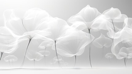 a group of white flowers sitting on top of a white floor next to a white wall and a white floor in front of a white wall with a black and white background.  generative ai