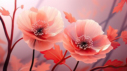  a close up of two pink flowers on a branch with red leaves in the foreground and a pink sky in the background with red leaves in the foreground.  generative ai