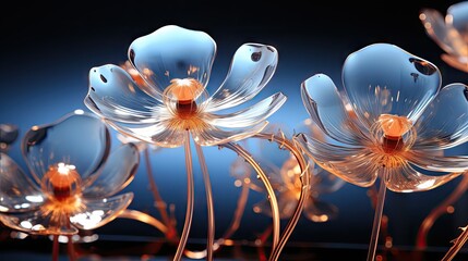  a group of glass flowers sitting next to each other on a black surface with a blue light in the middle of the picture and a black background behind the flowers.  generative ai
