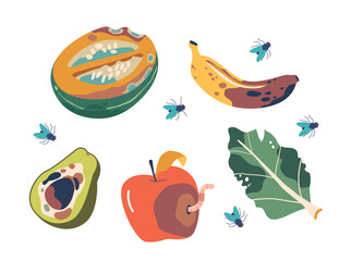 Spoiled Fruits And Vegetables. Pumpkin, Banana, Avocado, Apple and Greens, Emit A Pungent Stench, Vector Illustration - obrazy, fototapety, plakaty