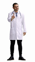 male doctor in a white coat on a white background shows his finger this is important