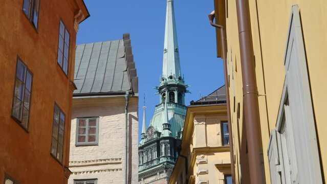 Stockholm Sweden Old Town Gamla Stan church old apartment building. Zoomed in