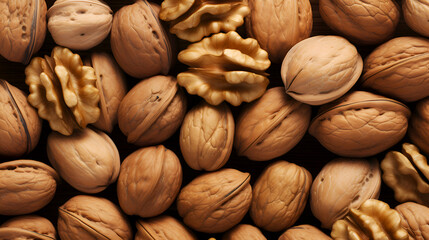 Walnuts background. Whole Walnuts, A Source of Omega 3 vitamin. Omega-3 Rich Walnuts, close-up. Walnut banner representing healthy snack containing fatty acids - obrazy, fototapety, plakaty