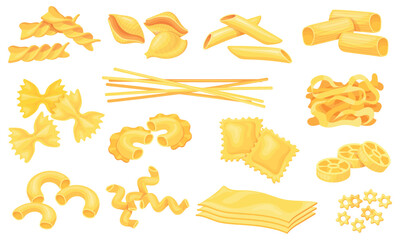 Cartoon pasta types. Dry macaroni various shape type, spaghetti fusilli shell penne farfalle rigatoni noodle lasagna, gourmet italian cuisine ingredients neat vector illustration - obrazy, fototapety, plakaty