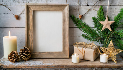 wooden frame mockup with hanging pine branch, pinecone, star, candles and gift box on rustic rough...