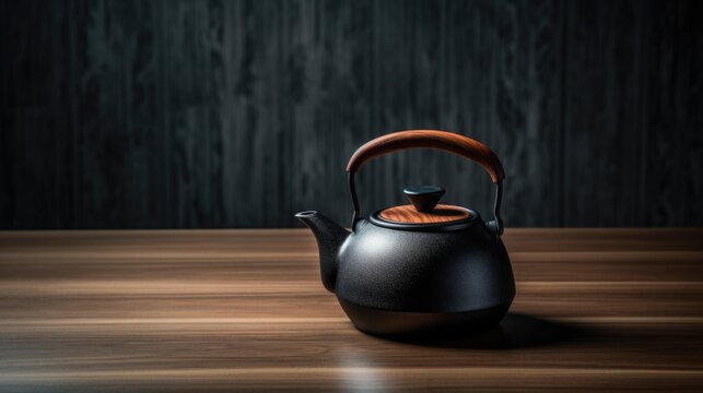 Chinese cast iron black teapot with a wooden handle on a wooden table