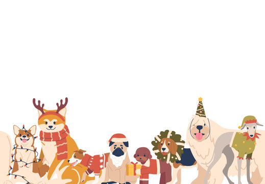 Seamless Christmas Pattern Featuring Cute Dog. Pug, Shiba, Inu Or Komondor, Corgi, Jack Russel With Puddle And Beagle