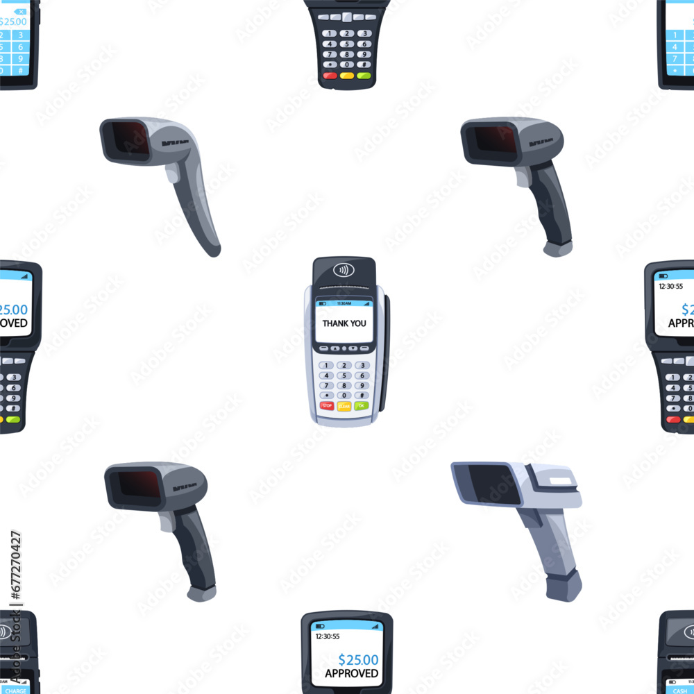 Poster seamless pattern with qr code scanners and pos terminals, combining technology and commerce, tile ba