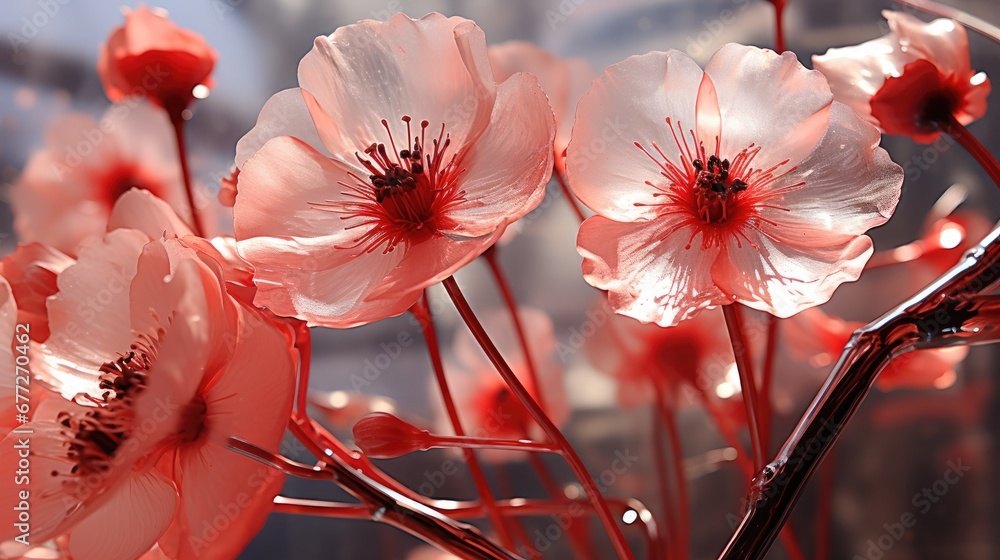 Poster a close up of a bunch of flowers with water droplets on the petals and the petals of the flowers in 