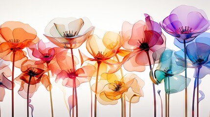  a group of colorful flowers sitting next to each other on top of a white table next to a white wall with a white wall in the middle of the background.  generative ai