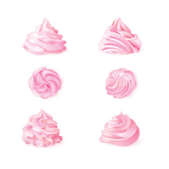 Pink whipped cream. Whip creamy curl berries pudding, meringue swirl top view custard frosting whipping icing for cupcake pastries muffin fruit topping 3d exact vector illustration