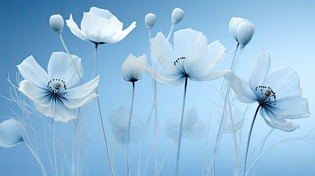  a group of white flowers on a blue background with a blue sky in the backgrounnd of the image is a group of white flowers on a blue background with white flowers on a blue background.  generative ai