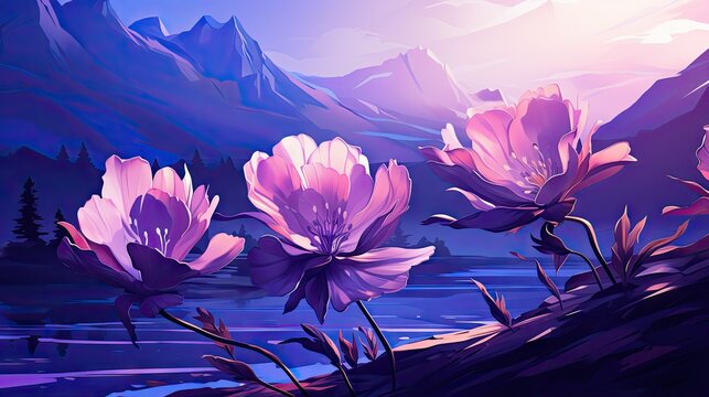  a painting of purple flowers near a body of water with a mountain range in the background in the background is a blue sky with a few clouds and a few pink flowers in the foreground.  generative ai