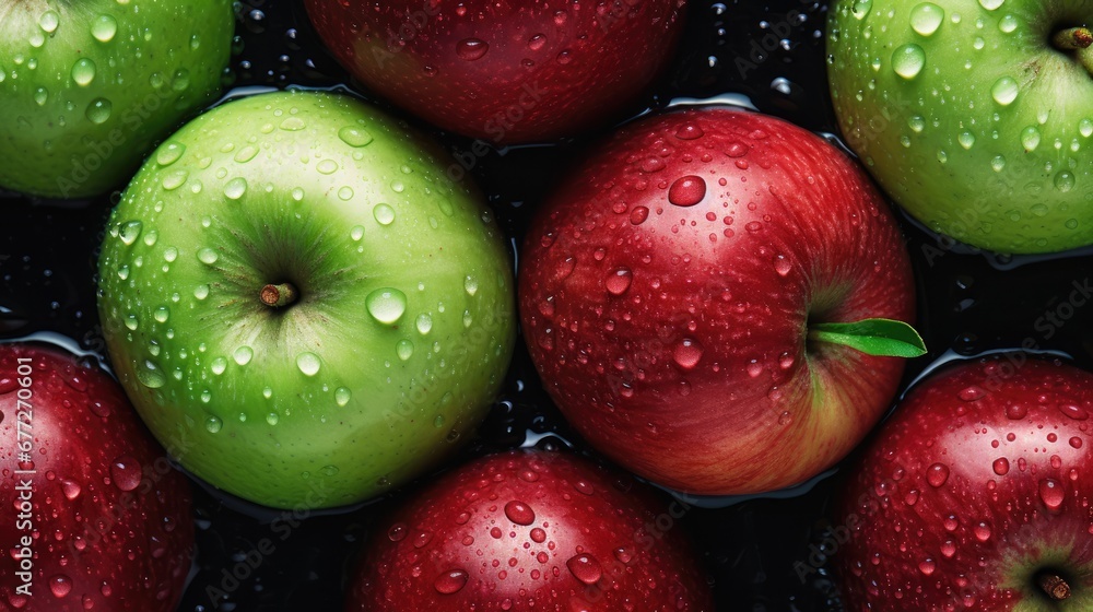 Poster a group of red and green apples sitting next to each other on top of a puddle of water on a black su