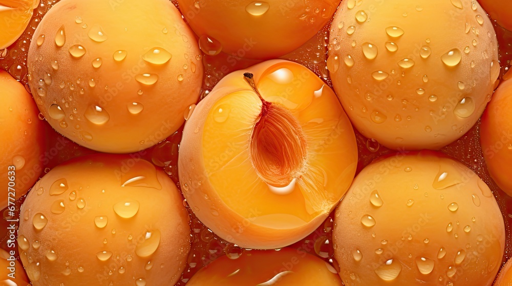 Poster a close up of a group of oranges with drops of water on the top and bottom of the image, with a sing