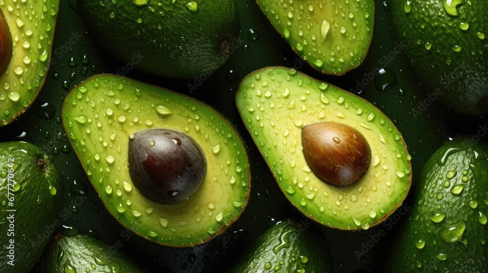 Poster an avocado with drops of water on it and an avocado cut in half with an avocado in the middle and an
