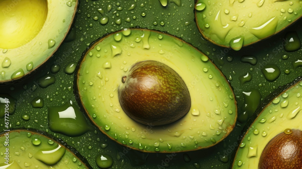 Poster an avocado that has been sliced in half and is surrounded by other avocados with drops of water on t