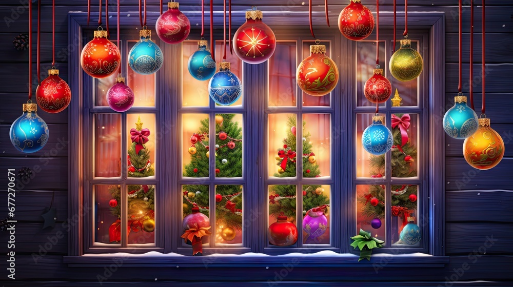 Poster a window with a bunch of christmas balls hanging from it's side and a christmas tree in front of it 