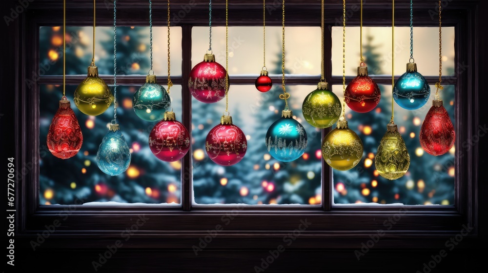Poster a window with a bunch of christmas ornaments hanging from it's side and a christmas tree outside of 