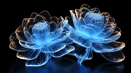  a couple of blue flowers sitting on top of a blue table next to a black background with a light reflection on the top of the flowers and bottom of the image.  generative ai