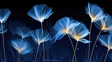  a bunch of blue flowers that are on a black background with a blue sky in the background and a black background with a blue sky in the middle and bottom right corner.  generative ai