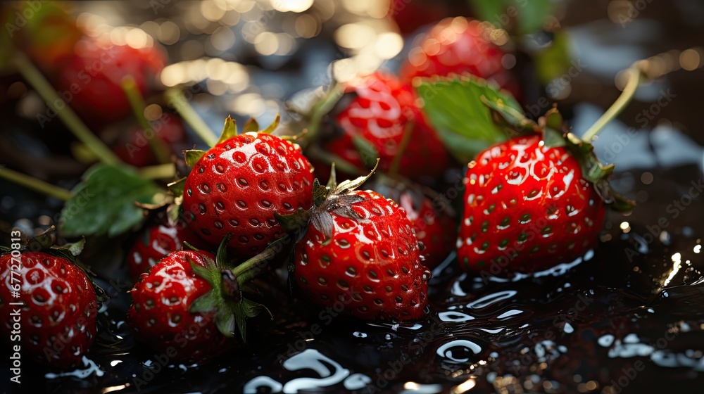 Poster a close up of a bunch of strawberries on a surface with drops of water on the surface and on the top
