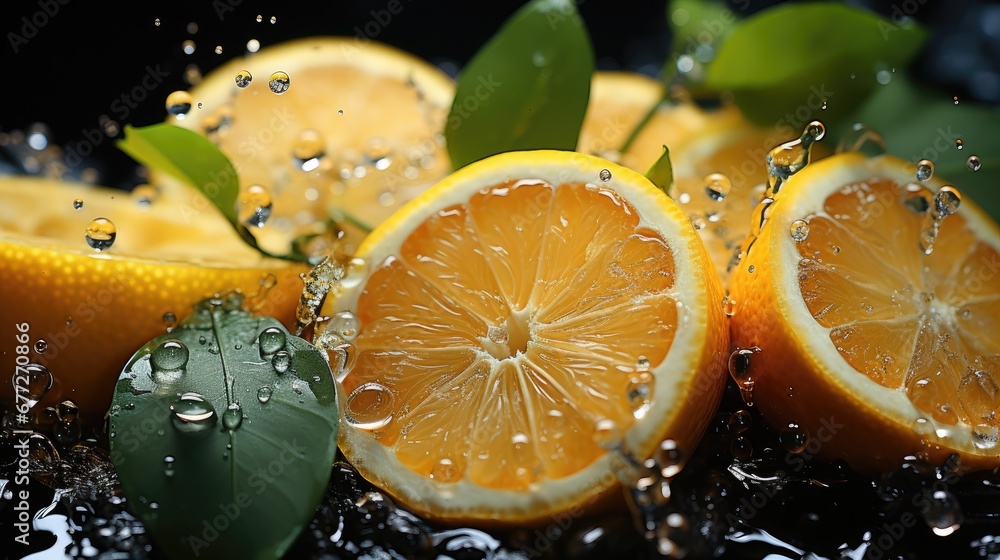 Poster  a group of oranges sitting on top of a table next to a pile of green leaves and water splashing on the top of the top of the oranges.  generative ai
