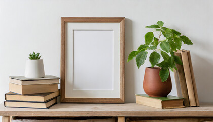 Small vertical wooden frame mockup in scandi style interior with trailing green plant in pot, pile of books and shelf on empty neutral white wall background