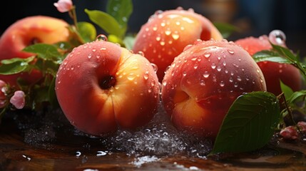 Naklejka premium a group of peaches sitting on top of a wooden table with water splashing off of the top of them and green leaves on the top of the table. generative ai