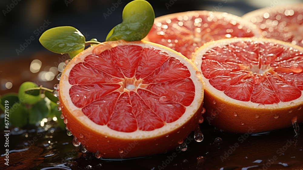 Poster a close up of a grapefruit cut in half on a table with water droplets on the surface and a green lea