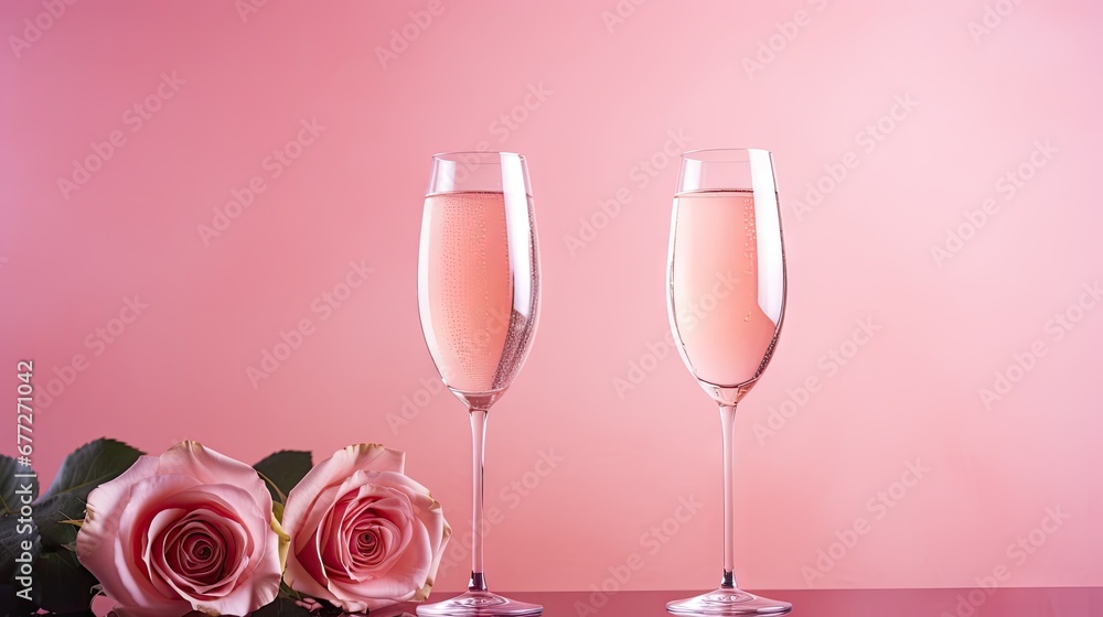 Poster a couple of wine glasses sitting on top of a table next to a vase with a rose in it and a vase with 