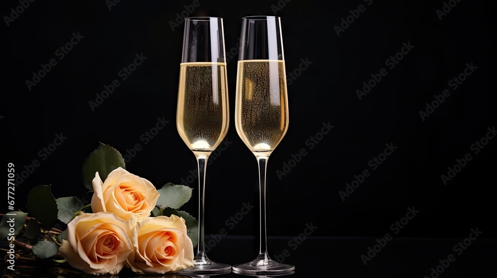 Poster two glasses of champagne and a bouquet of roses on a table with a black background with a black back
