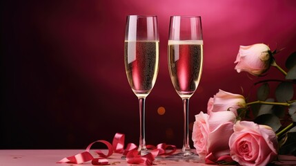  two glasses of champagne next to a bouquet of roses on a table with a red ribbon and a pink rose on the side of the glass and a pink background.  generative ai