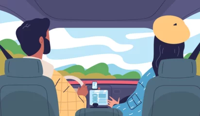 Foto op Canvas Backseat view. Couple ride in car inside automobile cabin interior, driver and passenger listening music radio or navigator, family driving trip concept classy vector illustration © ssstocker