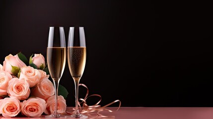  two glasses of champagne and a bouquet of roses on a pink table with a black background with a pink ribbon on the edge of the glass and a pink rose.  generative ai