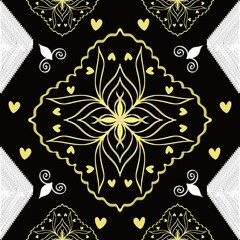Ikat Black and yellow swirls seamless pattern. A seamless pattern with black, white, and yellow. Perfect for use in a variety of projects, such as wallpaper, fabric, and packaging.