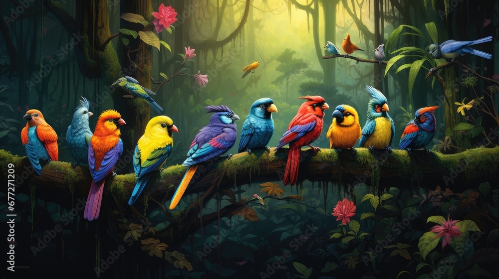 Poster a painting of a group of colorful birds perched on a tree branch in the middle of a forest with lots