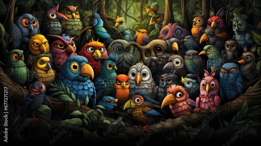 Aufkleber a painting of a group of owls in a forest with lots of trees and leaves on the sides of the picture,