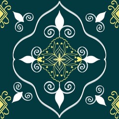 Ikat Seamless floral pattern with swirls and leaves on a green background - A beautiful and vibrant floral pattern that would be perfect for a wallpaper, fabric, or other design project.