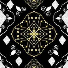 Ikat Black,  white and yellow swirls seamless pattern. A seamless pattern with black, white, and yellow. Perfect for use in a variety of projects, such as wallpaper, fabric, and packaging.
