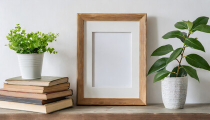 Small vertical wooden frame mockup in scandi style interior with trailing green plant in pot, pile of books and shelf on empty neutral white wall background - obrazy, fototapety, plakaty