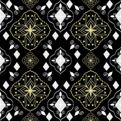 Ikat Black, white and yellow swirls seamless pattern. A seamless pattern with black, white, and yellow. Perfect for use in a variety of projects, such as wallpaper, fabric, and packaging.