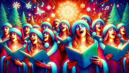 A portrayal of a Christmas choir, singing with sheet music in hand, all wrapped in a vibrant, psychedelic style that captures the festive spirit and harmony.  - obrazy, fototapety, plakaty