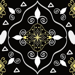 Ikat Black and yellow swirls seamless pattern. A seamless pattern with black, white, and yellow. Perfect for use in a variety of projects, such as wallpaper, fabric, and packaging.