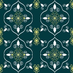 Ikat Seamless floral pattern with swirls and leaves on a green background - A beautiful and vibrant floral pattern that would be perfect for a wallpaper, fabric, or other design project.