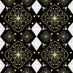 Ikat Black and yellow swirls seamless pattern. A seamless pattern with black, white, and yellow. Perfect for use in a variety of projects, such as wallpaper, fabric, and packaging.