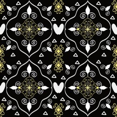 Ikat Black and yellow swirls seamless pattern. A seamless pattern with black, white, and yellow. Perfect for use in a variety of projects, such as wallpaper, fabric, and packaging.