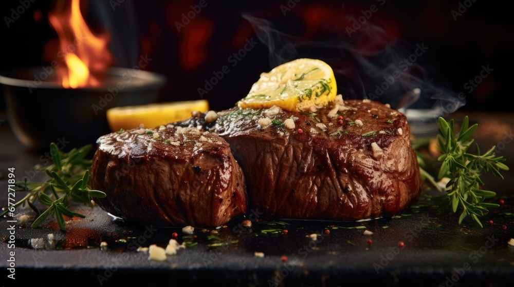 Poster a close up of a steak on a plate with a side of lemon wedges on the side of the steak and a fire in 