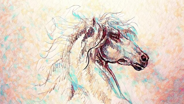 Drawing horse on old paper, original hand draw. Loop Animation.
