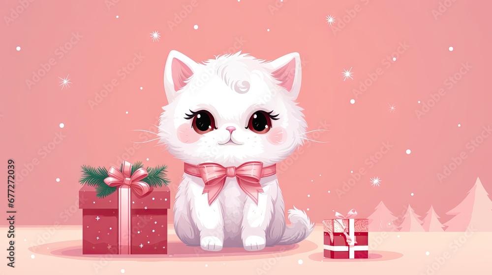 Poster a white cat with a red bow sitting next to a pile of presents on a pink background with snowflakes a
